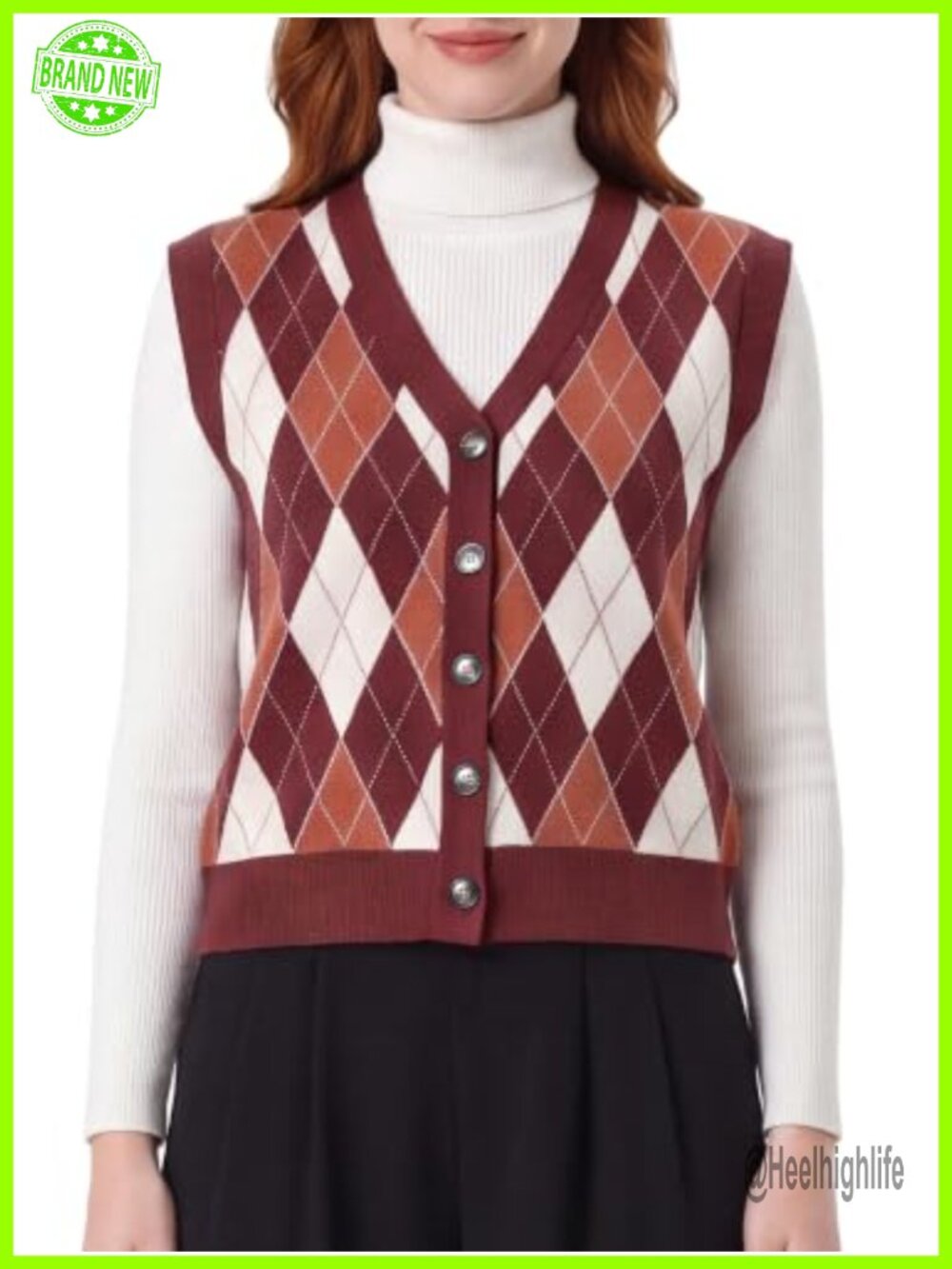 Allegra K Women's V-Neck Argyle Button Down Sweater Vest Relaxed Fit
